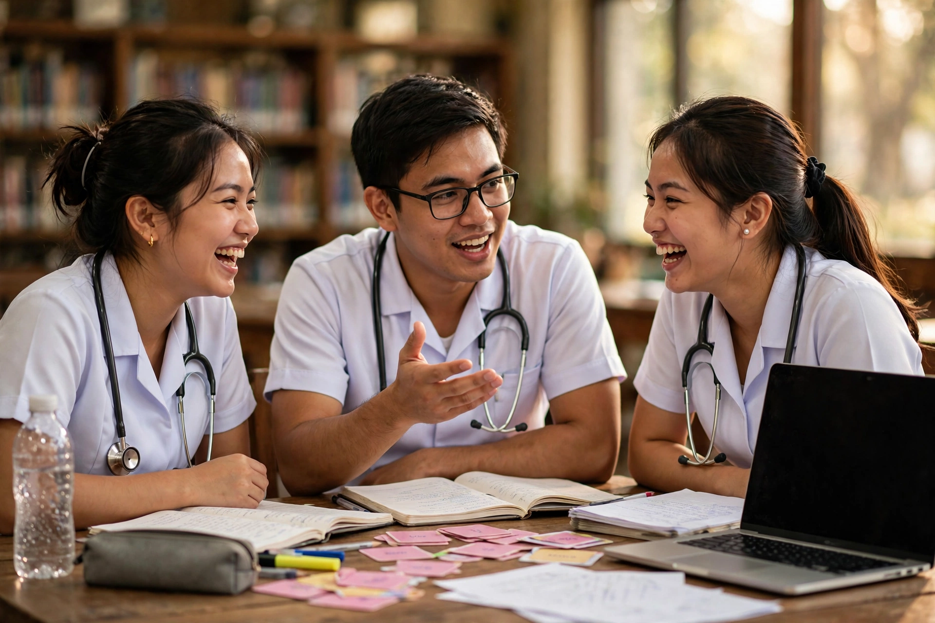 Students reviewing together in the library